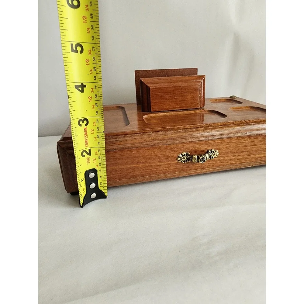 Vintage Wooden Valet Box Desk Organizer Mail Holder Jewelry Drawer Brown Brass